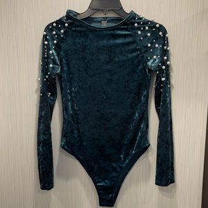 Velvet green beaded arm bodysuit